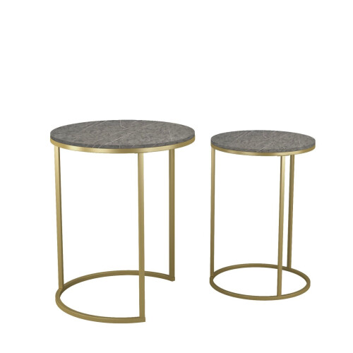 URBN Living (Black Marble Top with Gold Legs) 2 Pcs Round Nesting Stackable Sofa Side Bedside End Table Set Wood Top Metal Legs 2