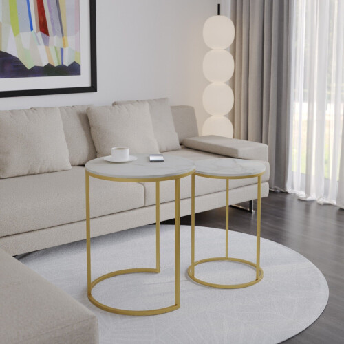 URBN Living (White Marble Top with Gold Legs) 2 Pcs Round Nesting Stackable Sofa Side Bedside End Table Set Wood Top Metal Legs