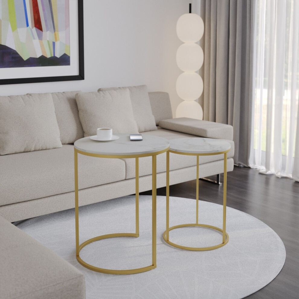 (White Marble Top with Gold Legs) 2 Pcs Round Nesting Stackable Sofa Side Bedside End Table Set Wood Top Metal Legs