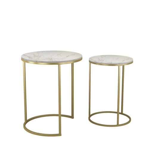URBN Living (White Marble Top with Gold Legs) 2 Pcs Round Nesting Stackable Sofa Side Bedside End Table Set Wood Top Metal Legs 2