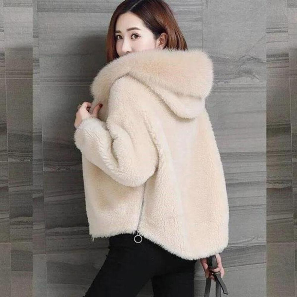 (beige, XXXL) Women&apos;s Faux Fur Coat Winter Solid Color Hooded Zipper Short Jacket Female Large Size Casual Warm Coat