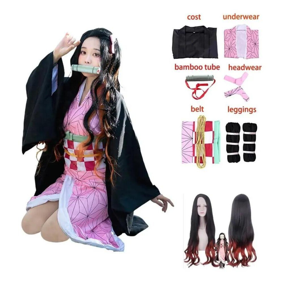 (as the picture, 3XL) Adult Women Anime Demon Slayer Kamado Nezuko Cosplay Wig Long Curly Costume Kimono Costume Clothes Kids Girls