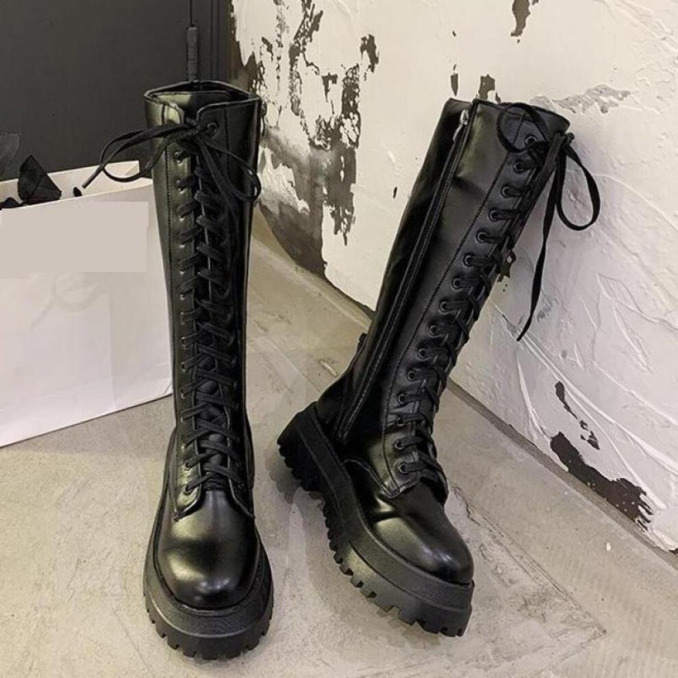 (black, 35) Women Punk Increasing Long Woman Lace Up Booties  Zip Chelsea Women Shoes Chunky Platform Pu Leather Knee High Boots