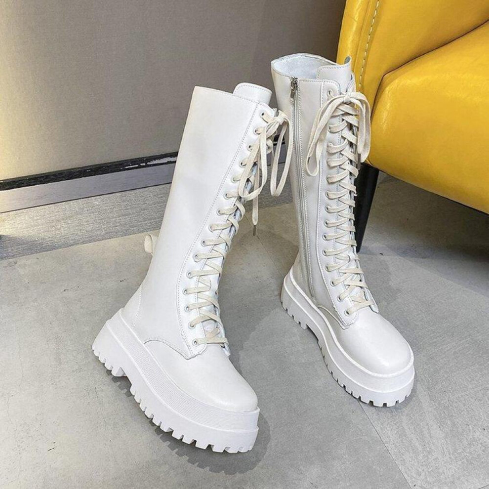 (white, 36) Women Punk Increasing Long Woman Lace Up Booties  Zip Chelsea Women Shoes Chunky Platform Pu Leather Knee High Boots