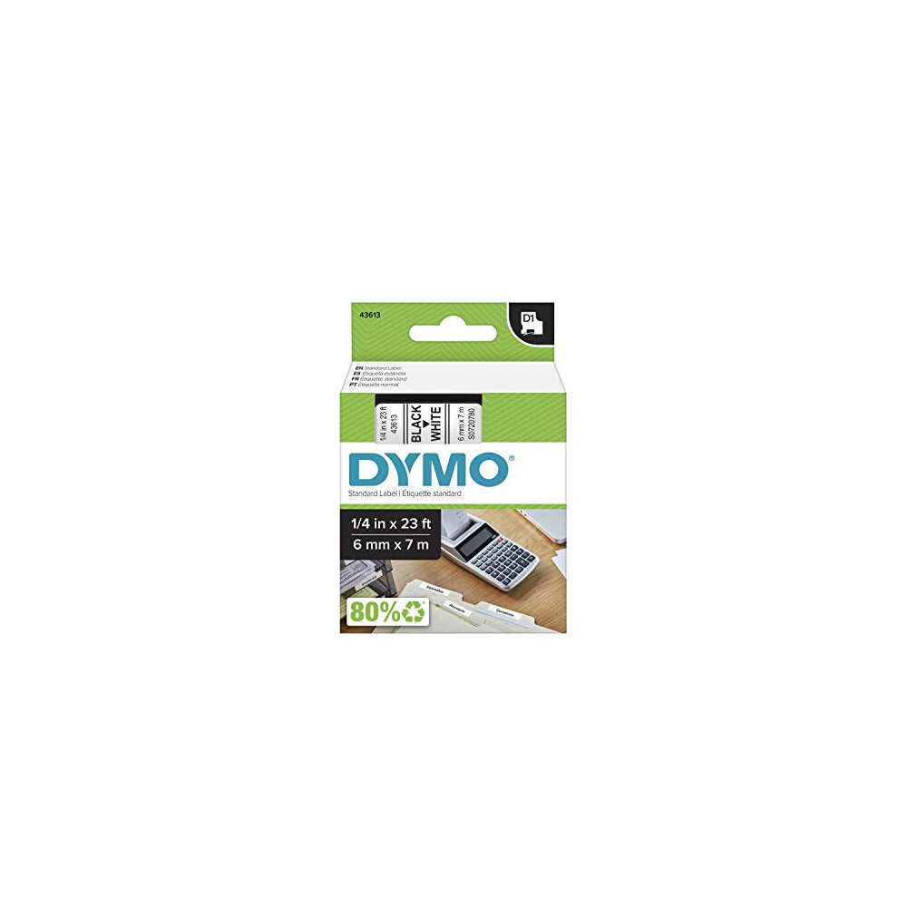 DYMO Standard D1 43613 Labels for LabelManager Label Makers  1/4"" W x 23 L  Black Print on White Tape  Self-Adhesive  1 Cartridge