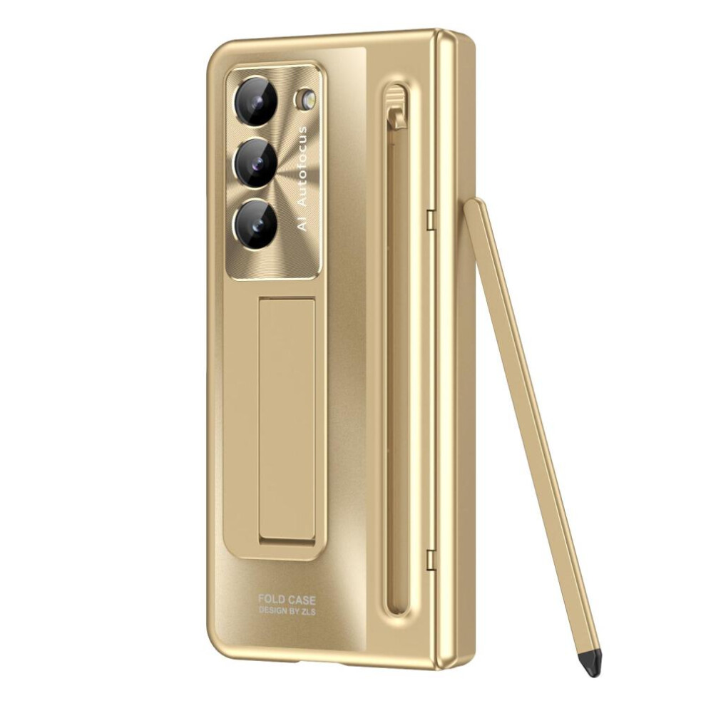 (gold, For Galaxy Z Fold 5) 360 Full Protection Hinge Case for Samsung Galaxy Z Fold 6 5 4 3 Original with Touch Pen Folding Cover Tempered Glass Film Stand