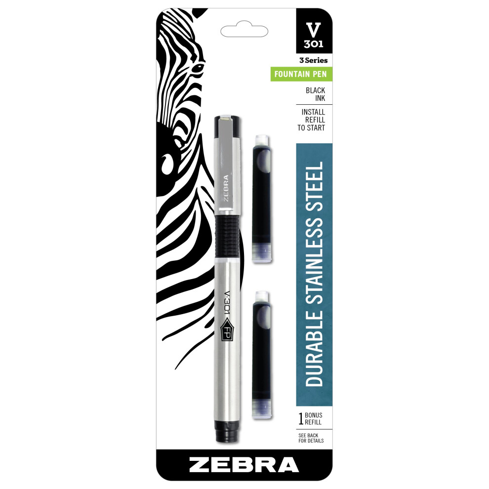 Zebra Pen V-301 Fountain Pen  Stainless Steel Barrel  Fine Point  0.7mm  Black Ink  1-Pack with Refill