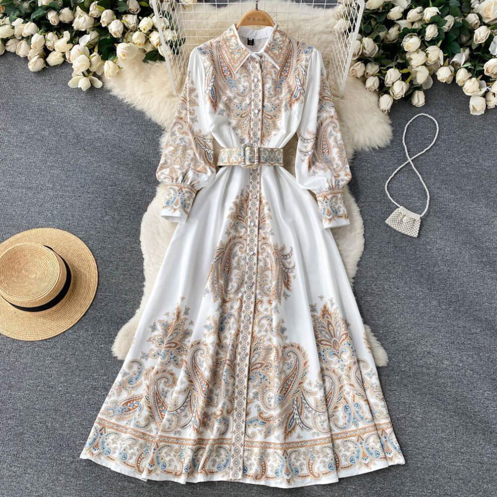 (khaki, M) Spring And Autumn Women's Dress Court Style Retro Printing Temperament Polo Collar Shirt Long Skirt Waist Dress