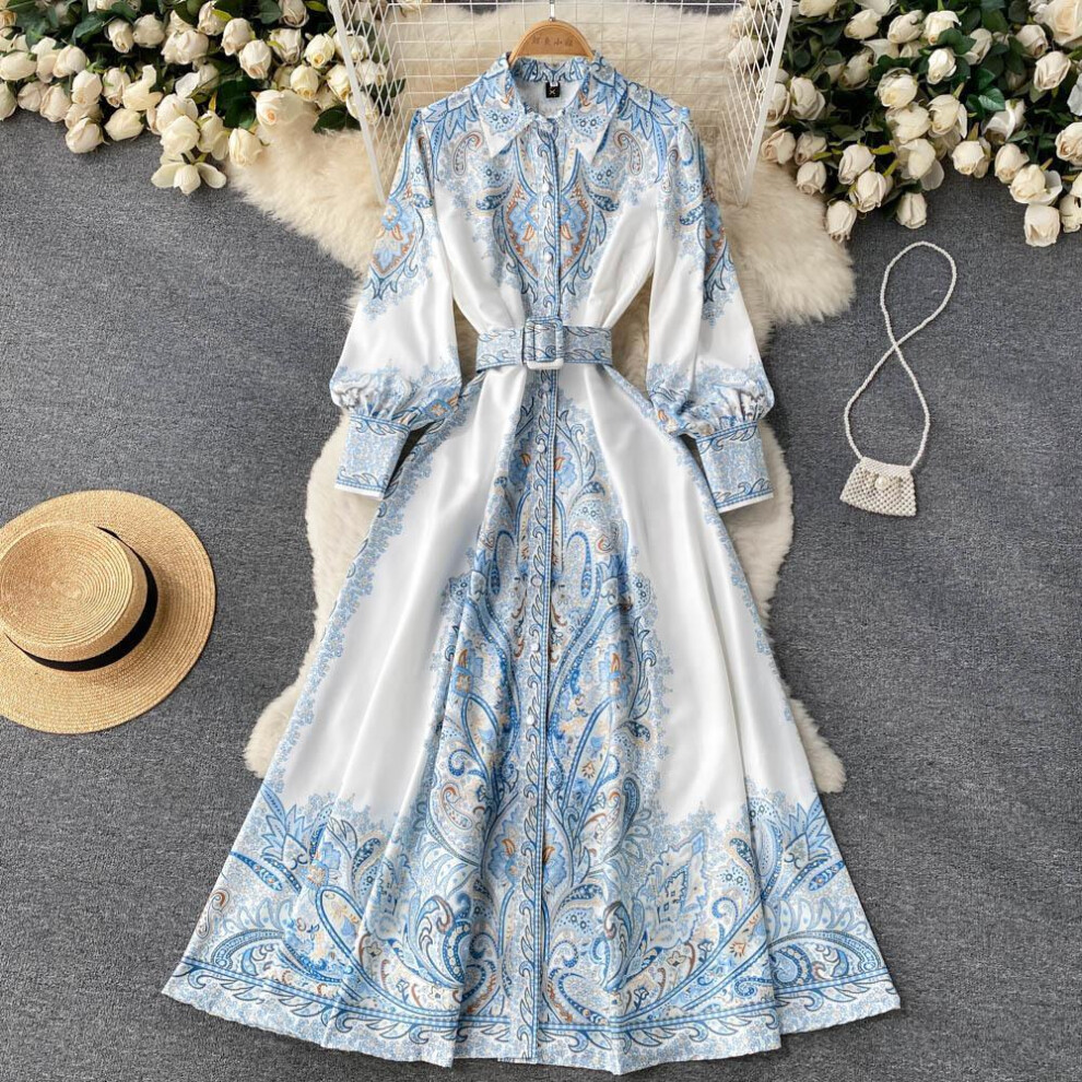 (blue, L) Spring And Autumn Women's Dress Court Style Retro Printing Temperament Polo Collar Shirt Long Skirt Waist Dress