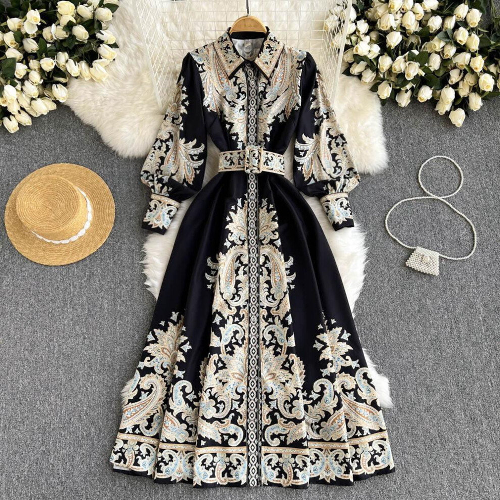 (black, XL) Spring And Autumn Women's Dress Court Style Retro Printing Temperament Polo Collar Shirt Long Skirt Waist Dress