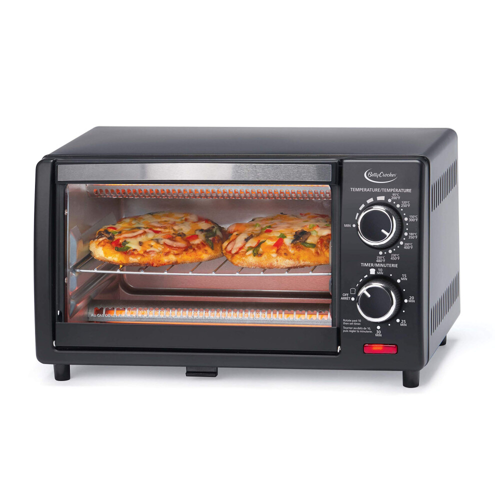 Betty Crocker Compact Toaster Oven  Pizza Oven with Toast & Bake  2 Slice Toaster with Top & Bottom Heaters  Kitchen Countertop Oven