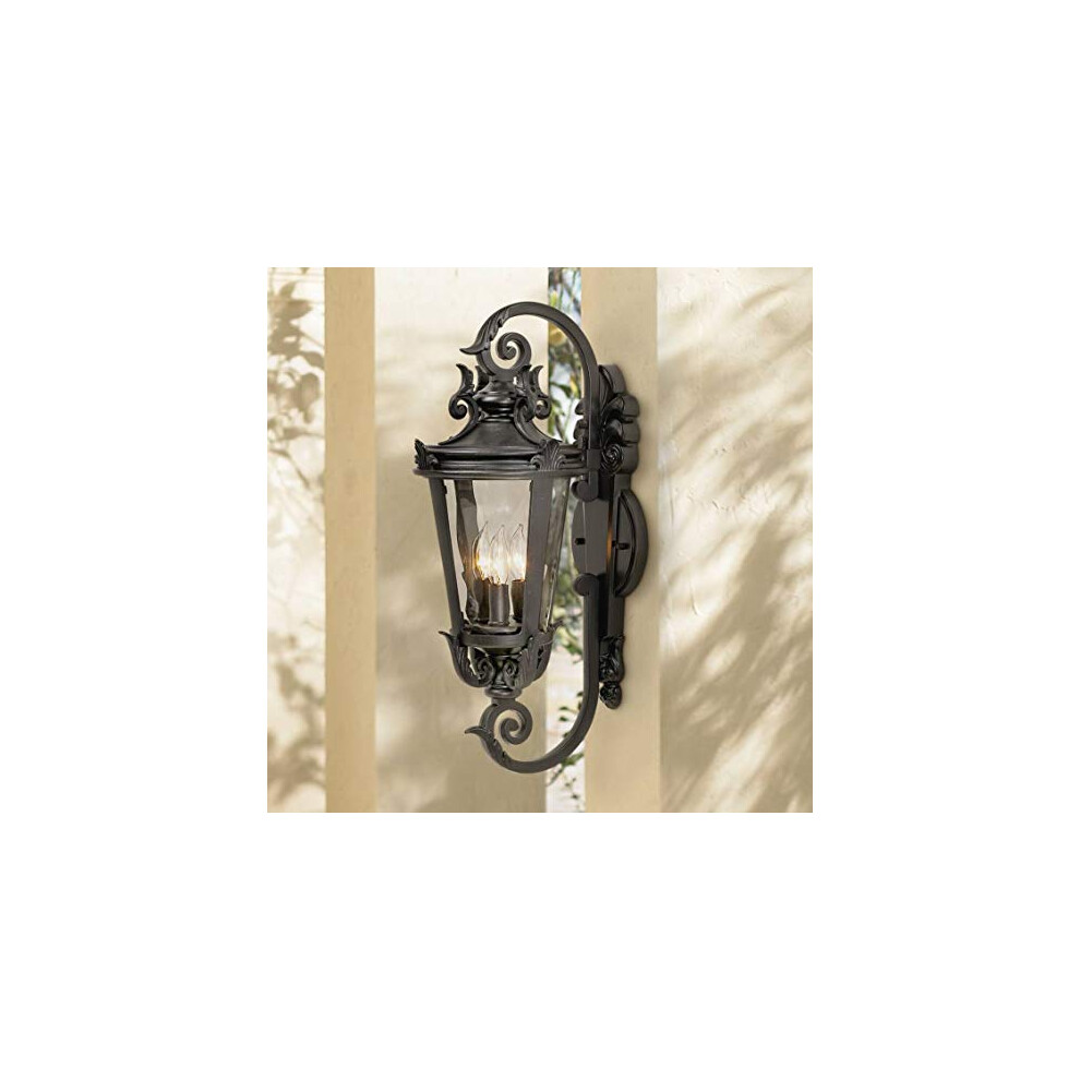 Casa Marseille European Outdoor Wall Light Fixture Mediterranean Black Scroll Arm 21 1/2"" Clear Hammered Glass for Exterior House Porch Patio Outside