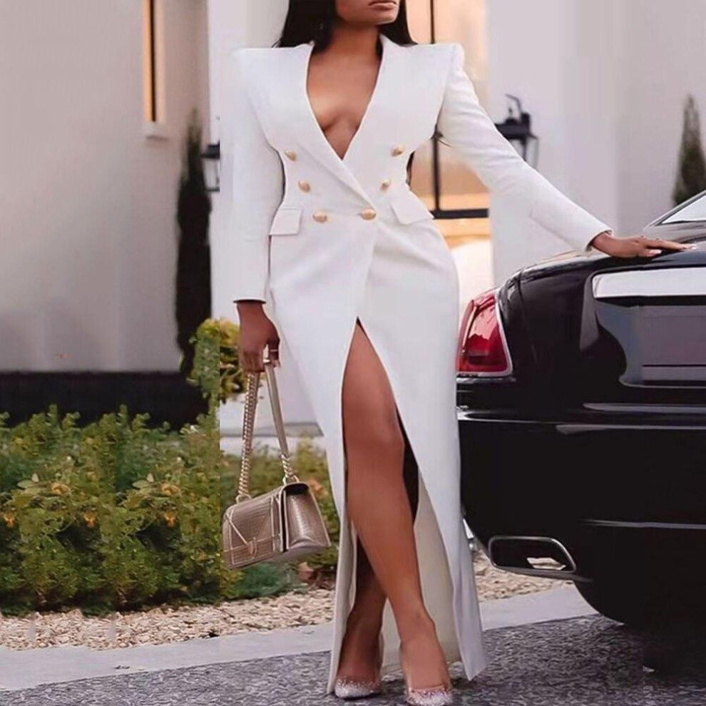(white, XXXL) Elegant Women Blazer Dress Suits Long Sleeve Buttons Wrap Maxi Jacket Coat Classy Fashion Lady Large Size Party Evening Outfits