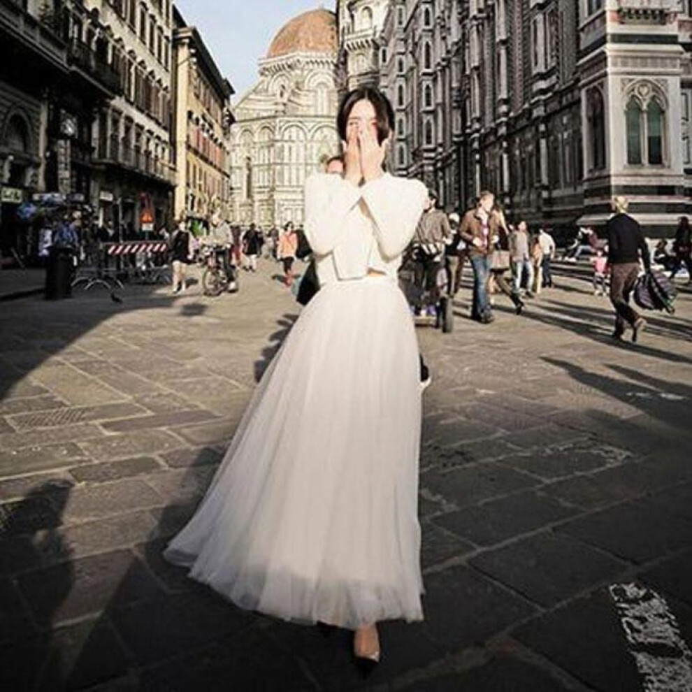 (white, L) Spring Summer Vintage Tulle Skirt Women Elastic High Waist Mesh Skirts Long Pleated Tutu Skirts