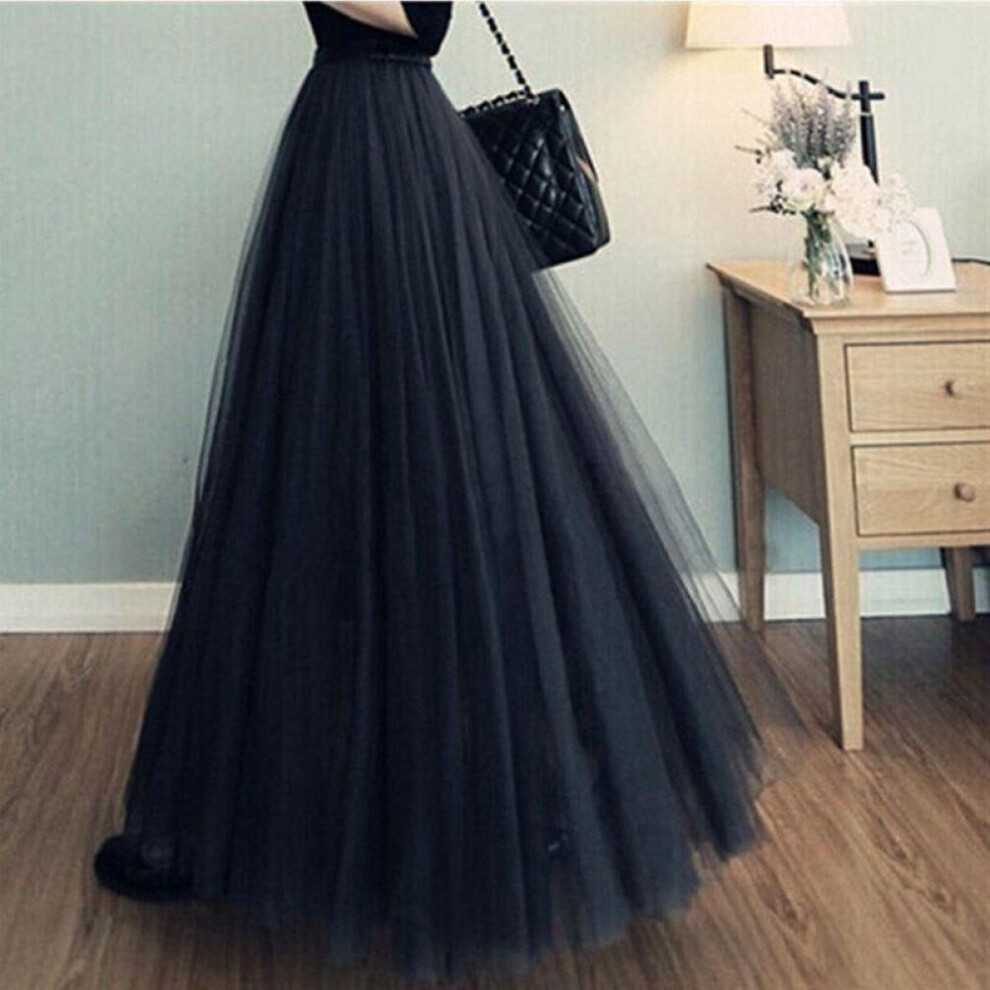 (black, S) Spring Summer Vintage Tulle Skirt Women Elastic High Waist Mesh Skirts Long Pleated Tutu Skirts