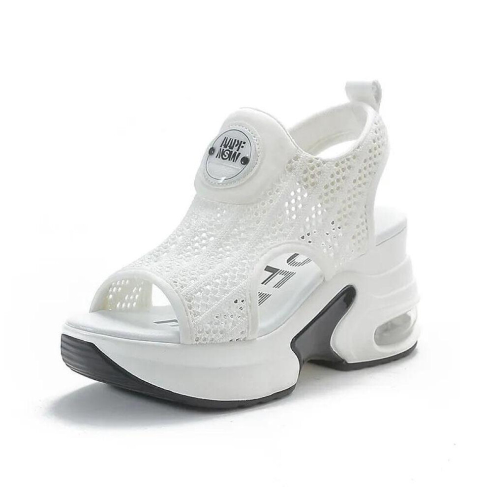 (white, 39) Air Mesh Breathable 8cm Women Sandals Comfortable Shoes Fashion Summer Fish Toe Platform Wedge High Hidden Heels Ladies