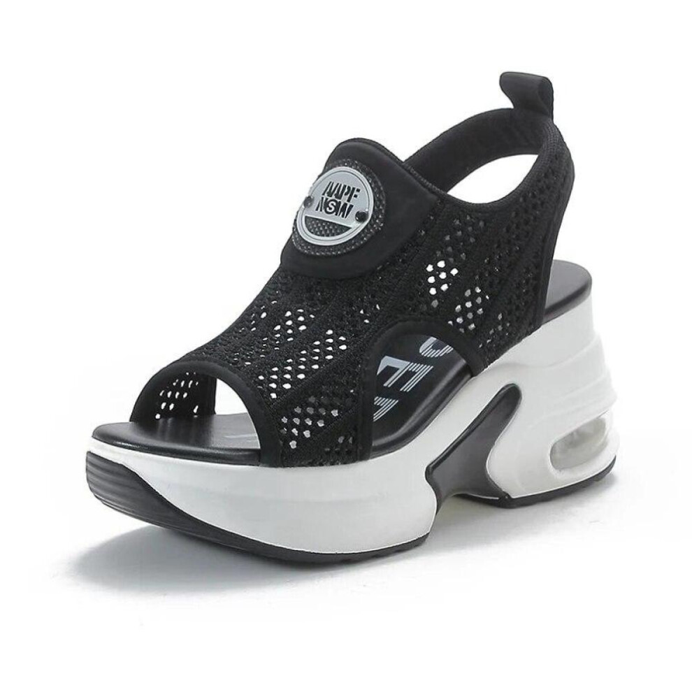 (black, 37) Air Mesh Breathable 8cm Women Sandals Comfortable Shoes Fashion Summer Fish Toe Platform Wedge High Hidden Heels Ladies