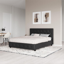 DHP Dakota Upholstered Platform Bed with Diamond Button Tufted Headboard and Footboard No Box Spring Needed Full Black Faux Leather