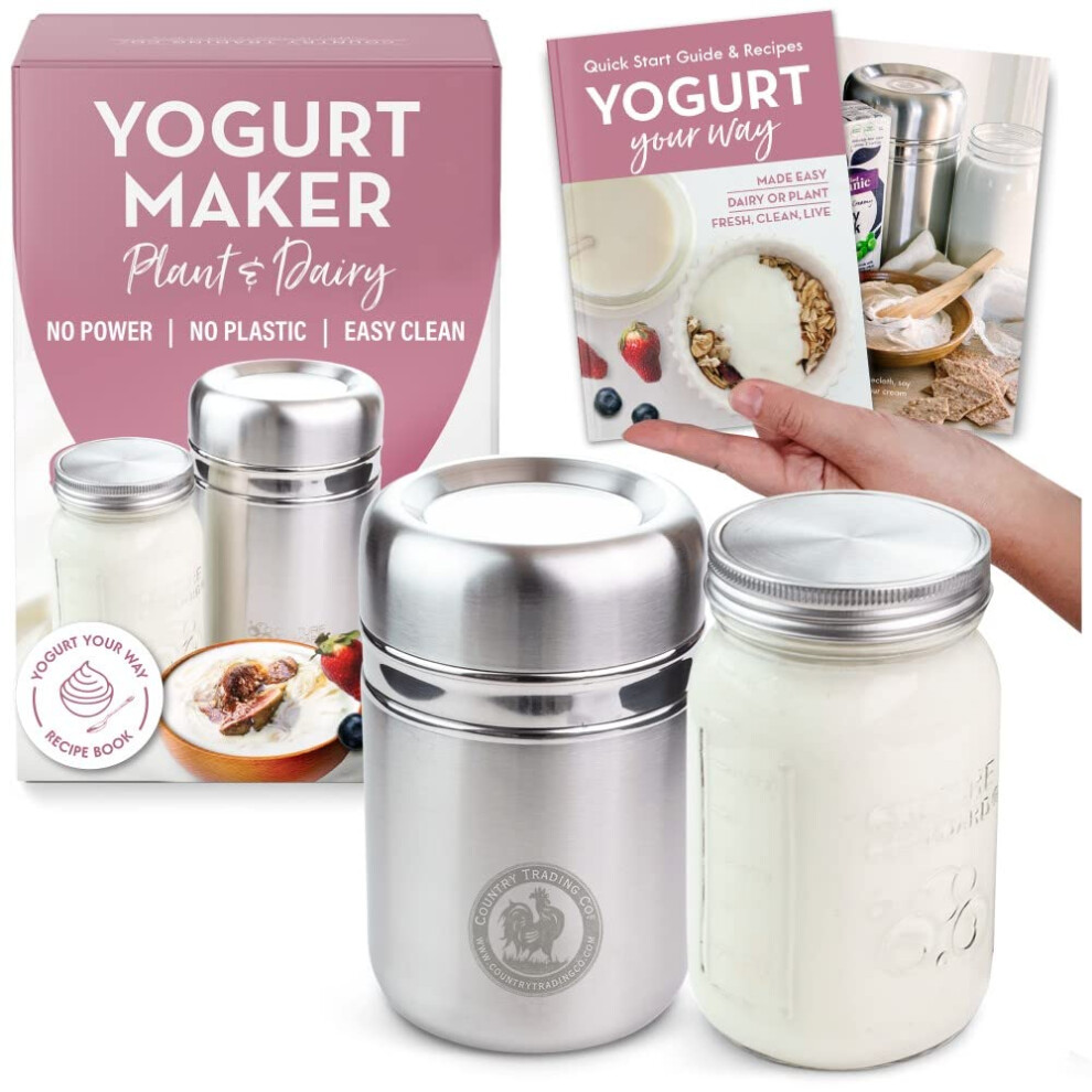 Country Trading Co. Stainless Steel Yogurt Maker With 1 Quart Glass Jar And Complete Recipe Book To Make 12+ Easy Homemade Dairy Free And Milk Yogurts