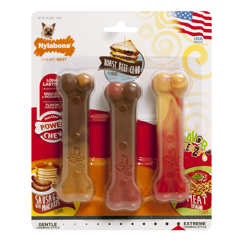 Nylabone Flavor Frenzy Power Chew Triple Pack  Pancakes & Sausage  Roast Beef Club  and Lasagna