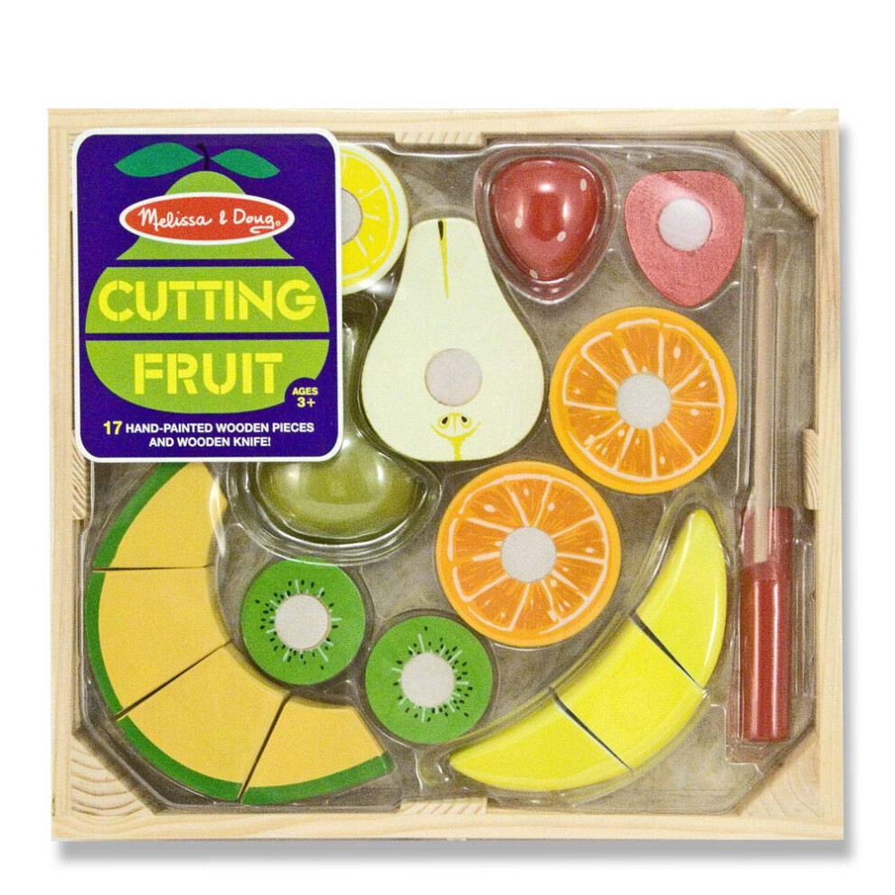 Cutting Fruit Set (18pcs): Wooden Play Food Set & 1 Melissa & Doug Scratch Art Mini-Pad Bundle (40211)