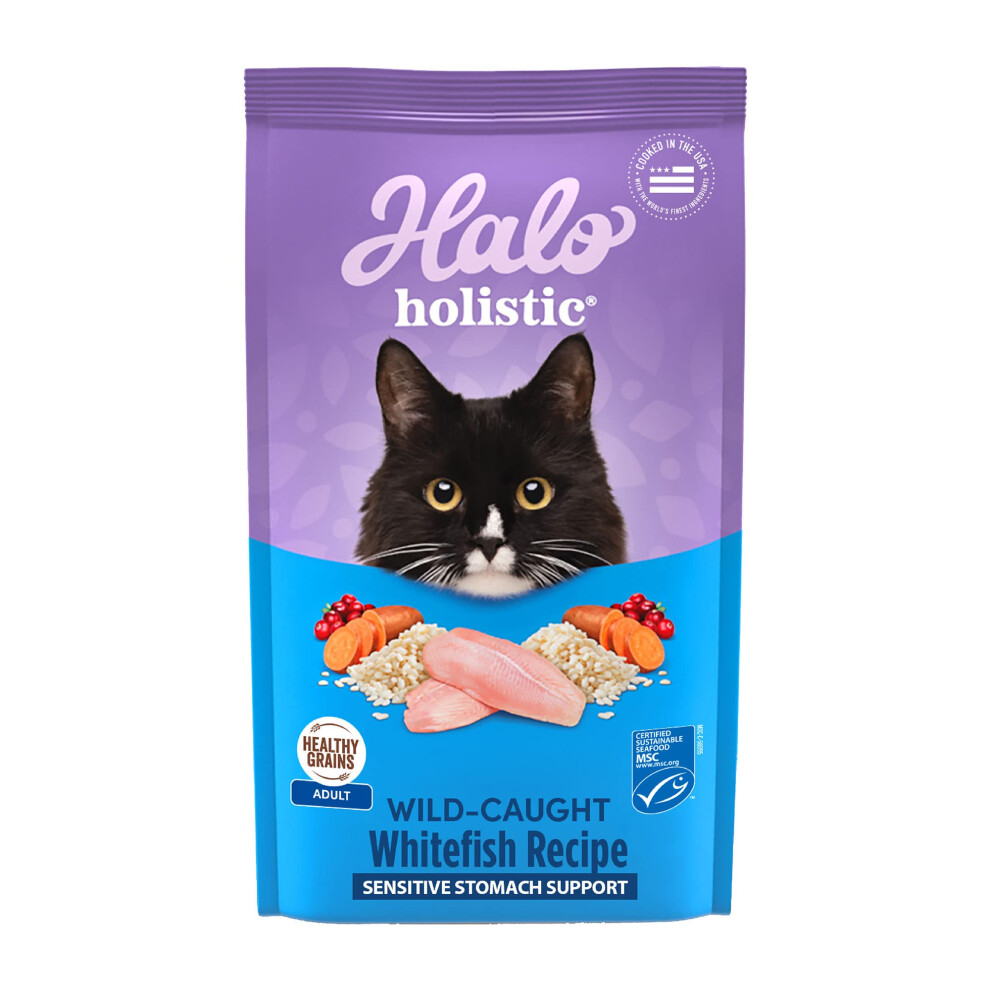 Halo Holistic Cat Food Dry  Wild-caught Whitefish Recipe for Sensitive Stomach Support  Complete Digestive Health  Dry Cat Food Bag  Sensitive Stomach