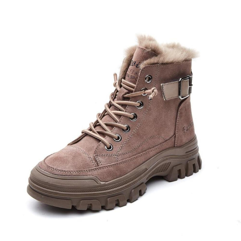 (khaki, 37) 2024 Winter Genuine Leather Shoes Women Snow Boots Cowhide Flat Non-slip Warm Plus Women Ankle Boots Black Brown