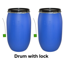 TWIN PACK 220 Litre Plastic Open Top Storage Shipping Barrel Drum Keg with Lid & Lock
