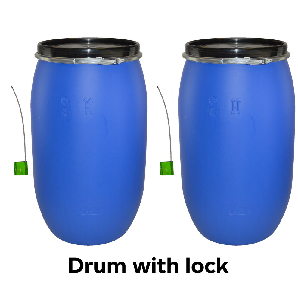 TWIN PACK 220 Litre Plastic Open Top Storage Shipping Barrel Drum Keg with Lid & Lock