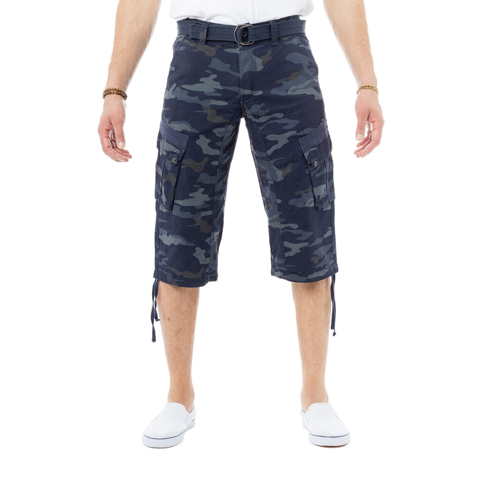 X RAY Men's Belted Tactical Long Cargo Shorts for Men  Below Knee Length Mens Cargo Shorts  3/4 Pants Navy CAMO 32