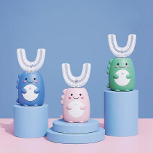 (Green-Basis, Ages 2-6) Kid Electric Toothbrush Children Automatic Oral Cleaning Device Usb Charging Sonic Cute Dinosaur U-shaped Teeth Care