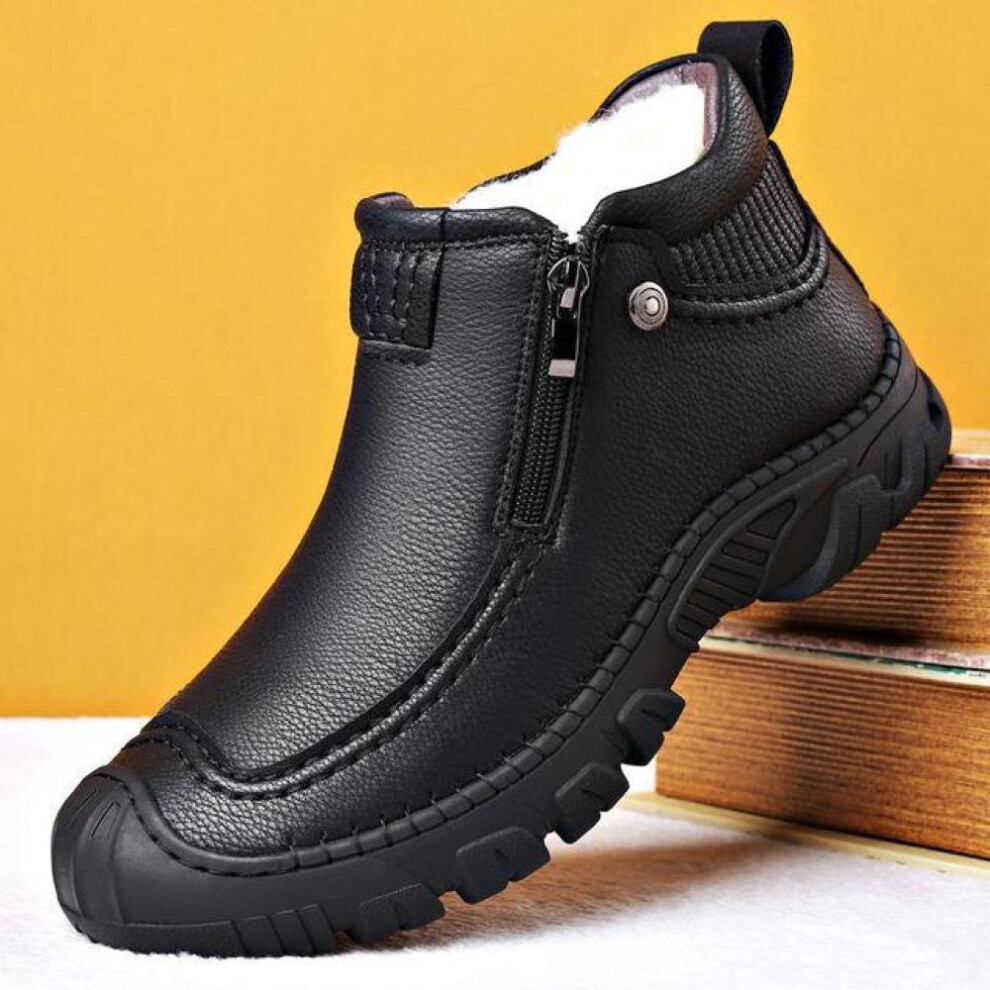 (black, 41) Winter Men Boots Thick Plush Warm Snow Boots Leather Zipper Men&apos;s Ankle Boots Platform Non-slip Waterproof Mens Hiking Shoes