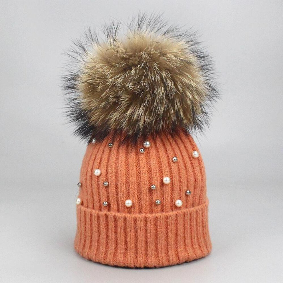 (as the picture, E) Hat Soft Wool Beanies Women Real Natural Fur Pom Poms Fashion Pearl Knitted Hat Girls Female Beanie Cap Pompom Winter Hats For Women