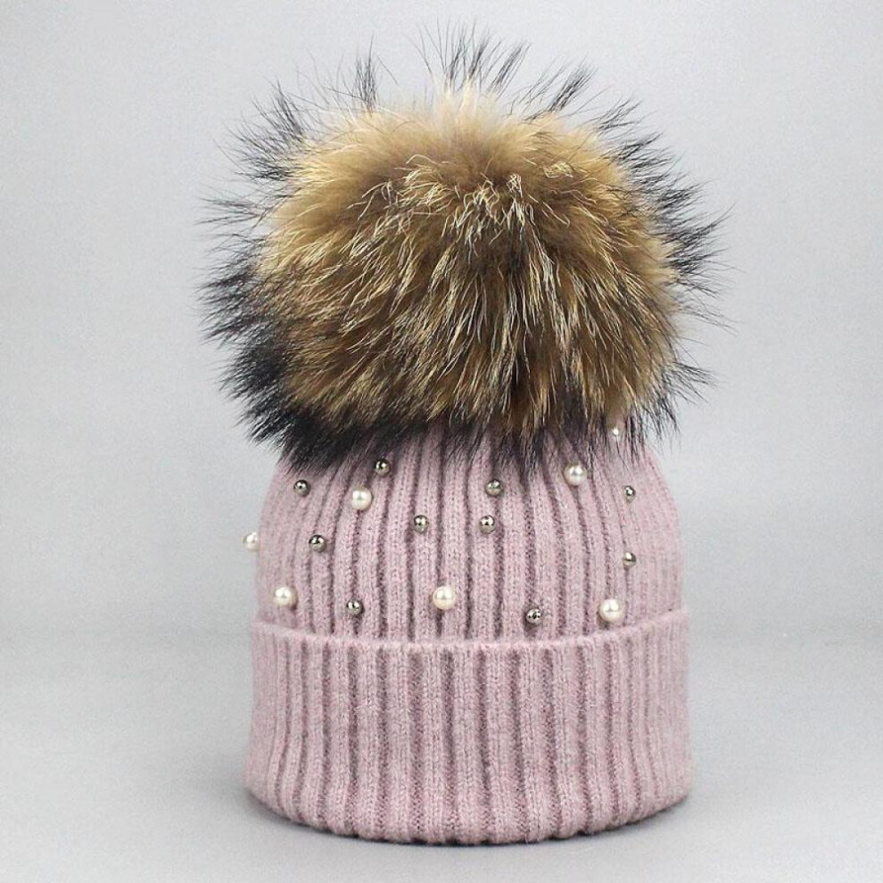 (as the picture, C) Hat Soft Wool Beanies Women Real Natural Fur Pom Poms Fashion Pearl Knitted Hat Girls Female Beanie Cap Pompom Winter Hats for Women