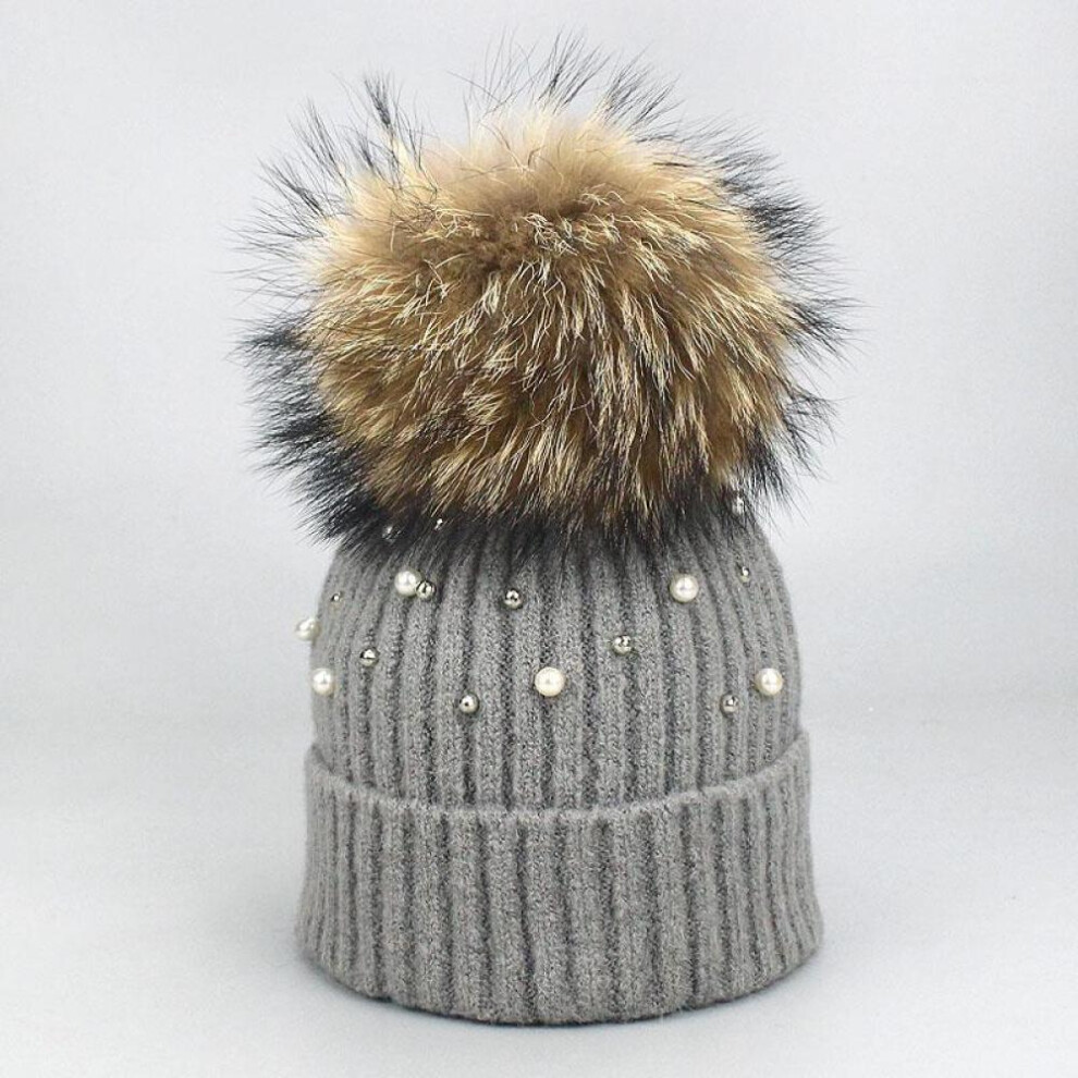(as the picture, G) Hat Soft Wool Beanies Women Real Natural Fur Pom Poms Fashion Pearl Knitted Hat Girls Female Beanie Cap Pompom Winter Hats For Women