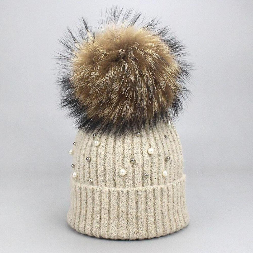 (as the picture, A) Hat Soft Wool Beanies Women Real Natural Fur Pom Poms Fashion Pearl Knitted Hat Girls Female Beanie Cap Pompom Winter Hats For Women