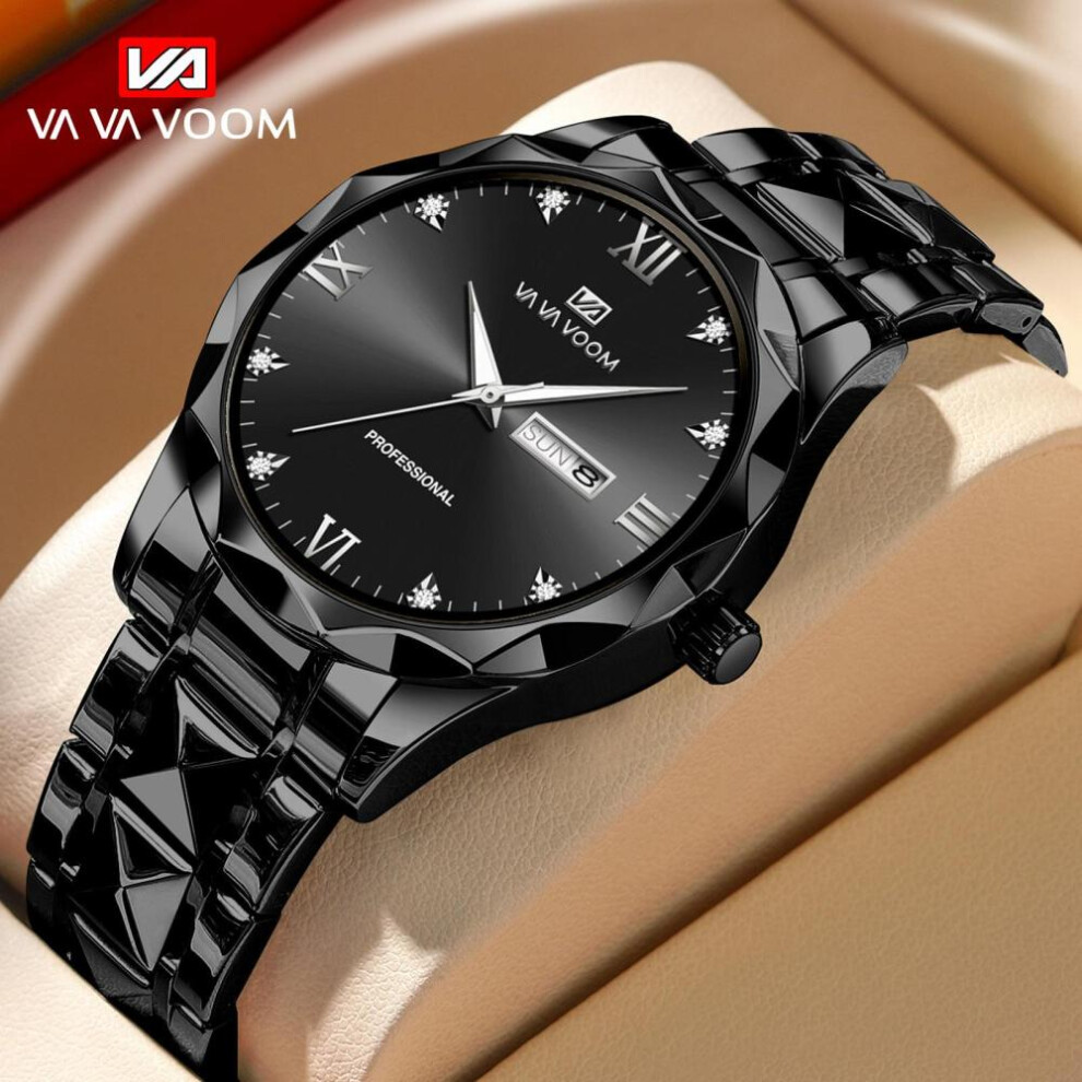 (cool black) Va Va Voom Quartz Watch Men Top Brand High Quality Stainless Steel 30m Waterproof Luminous Date Week Sports Business Wristwatches