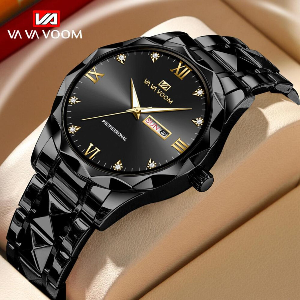 (golden yellow) Va Va Voom Quartz Watch Men Top Brand High Quality Stainless Steel 30m Waterproof Luminous Date Week Sports Business Wristwatches