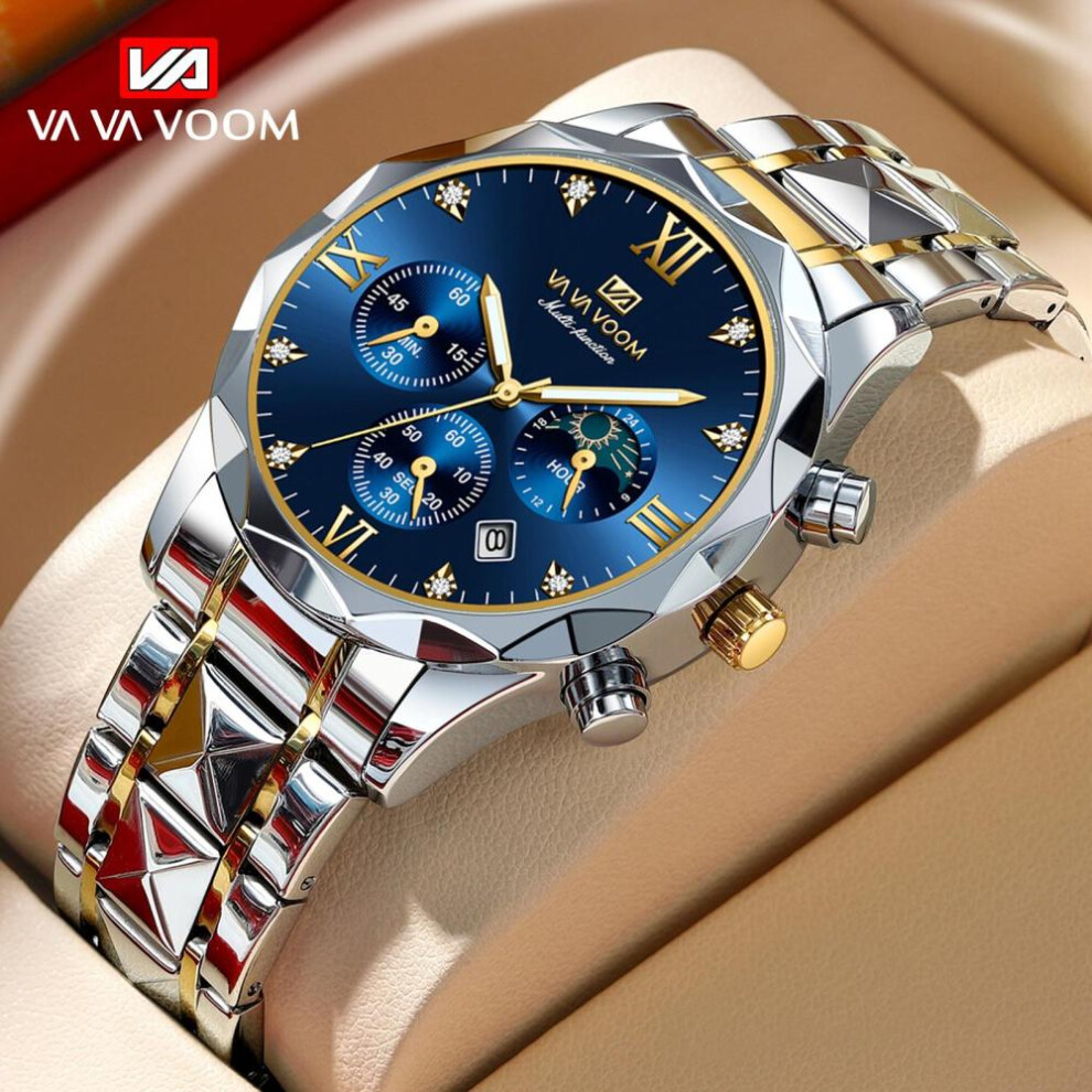 (silver,blue) Va Va Voom Quartz Watch Men Top Brand High Quality Stainless Steel 30m Waterproof Luminous Date Week Sports Business Wristwatches