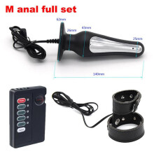(M anal full set) Electric Shock Male Scrotum Stimulator Leather Penis Sleeve Cock Ring Bi-Polar Anal Plug Bondage Therepy Massage Sex Toy for Men