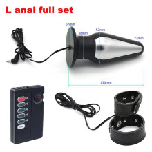 (L anal full set) Electric Shock Male Scrotum Stimulator Leather Penis Sleeve Cock Ring Bi-Polar Anal Plug Bondage Therepy Massage Sex Toy for Men