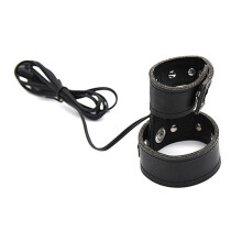 (sleeve) Electric Shock Male Scrotum Stimulator Leather Penis Sleeve Cock Ring Bi-Polar Anal Plug Bondage Therepy Massage Sex Toy for Men