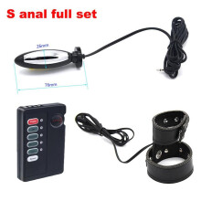 (S anal full set) Electric Shock Male Scrotum Stimulator Leather Penis Sleeve Cock Ring Bi-Polar Anal Plug Bondage Therepy Massage Sex Toy for Men