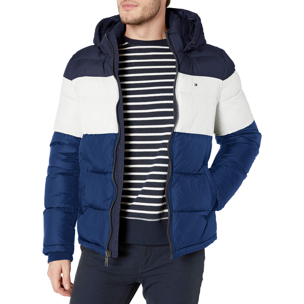 Tommy Hilfiger Men's Hooded Puffer Jacket  Bluebell Color Block  X-Large