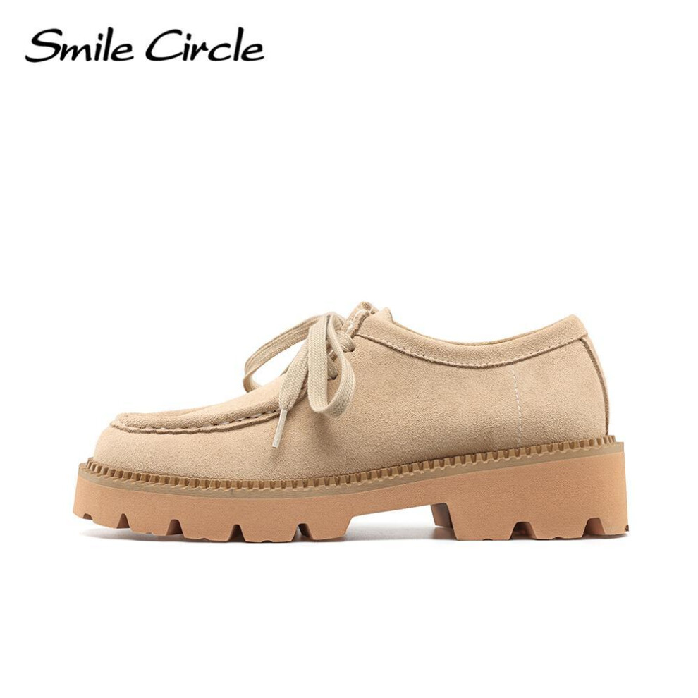 (beige, 39) Cow Suede Chunky Women Shoes Round Toe Lace Up Thick Shoes Fashion Casual Women Flat Shoes