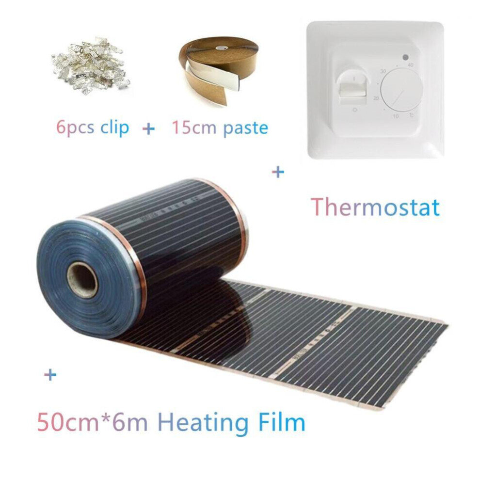 (50cm*6m film+thermostat) Warm Floor Mat Kits With Thermostat Clips Insulation Pastes Save Energy 220w/m2 Infrared Underfloor Heating Film Suits Ac220v