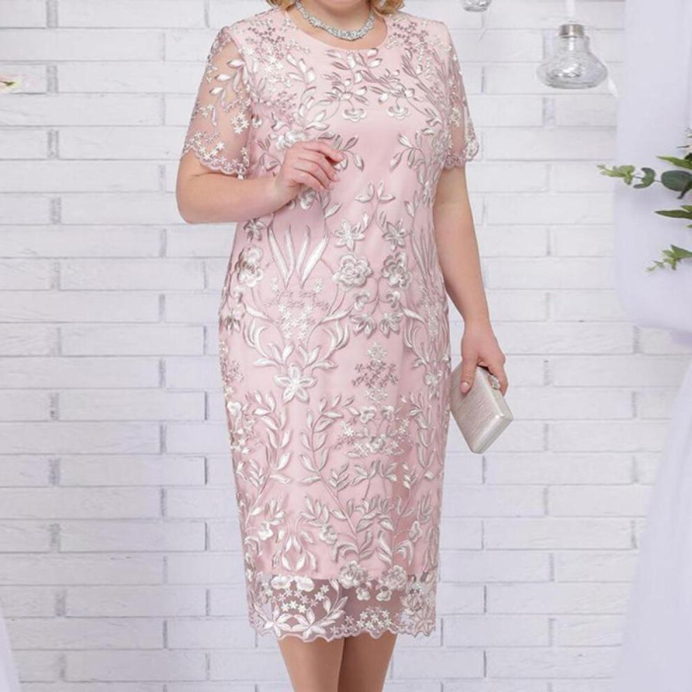 (pink, L) Women Dress Summer Short Sleeve Embroidery Woman Long Dresses Casual O-neck Big Size Dresses