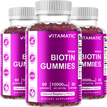 Vitamatic Biotin gummies 10 000 mcg for Stronger Hair Skin Nails - 60 Vegan gummies - Also called Vitamin B7 (3 Bottles)