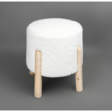 Faux Sheepskin Footstool White Fur with Pine Wood Legs Plush Round