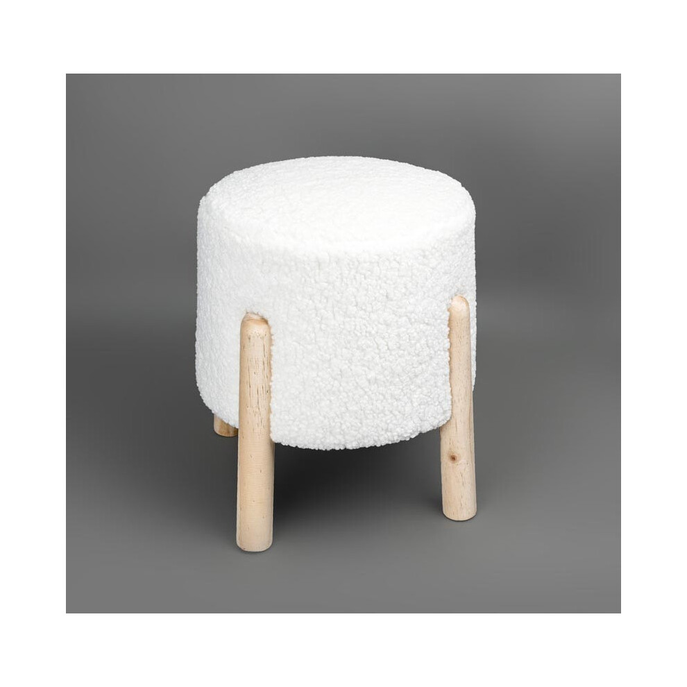 Faux Sheepskin Footstool White Fur with Pine Wood Legs Plush Round